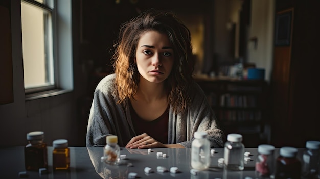 A woman with sign of depression taking prescription pills