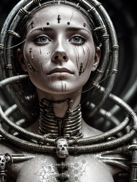 A woman with silver cyborgs on her face