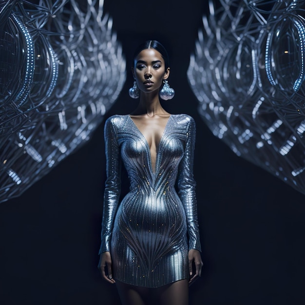 Woman with silver dress in the surreal scenario