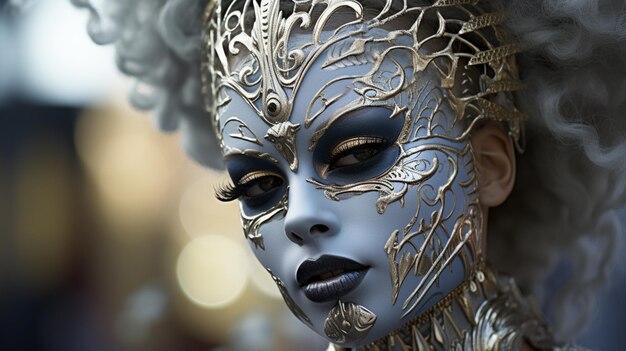 A woman with silver face paint and a face