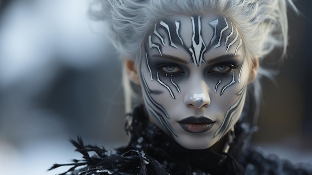 A woman with silver face paint and a face