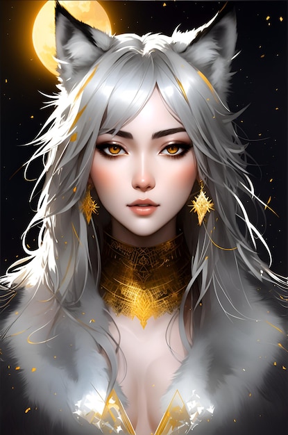 A woman with a silver fur coat and ears with a gold star on her head.