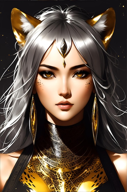 A woman with silver hair and gold and black and gold hair and a black and gold outfit.