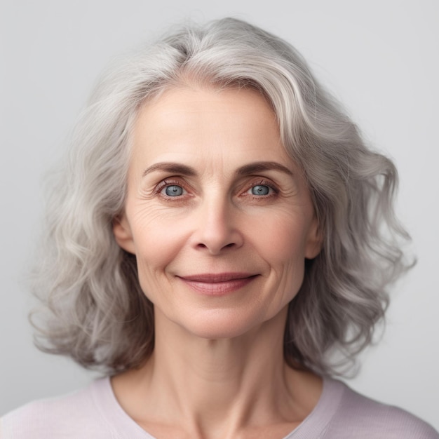 A woman with silver hair and a grey shirt