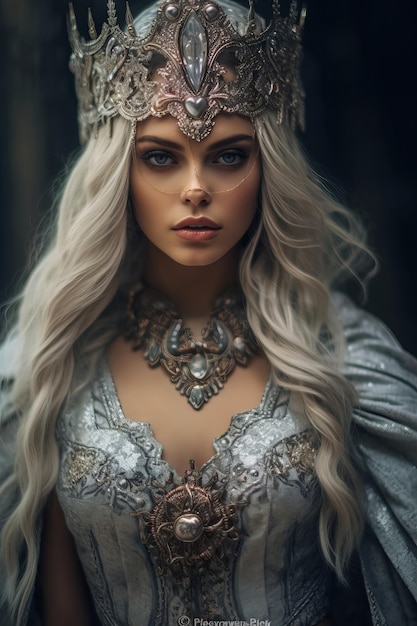 A woman with a silver hair and a silver dress with a silver necklace.