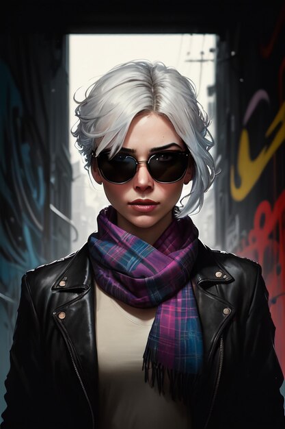 A woman with silver hair and sunglasses stands in a dark alley