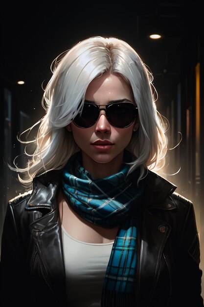 A woman with silver hair and sunglasses stands in a dark room