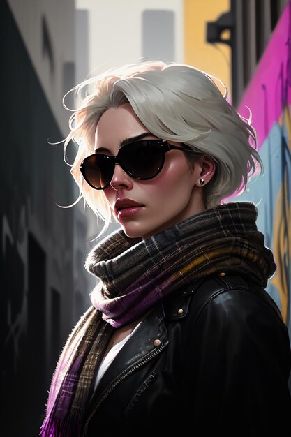 A woman with silver hair and sunglasses stands in front of a graffiti wall