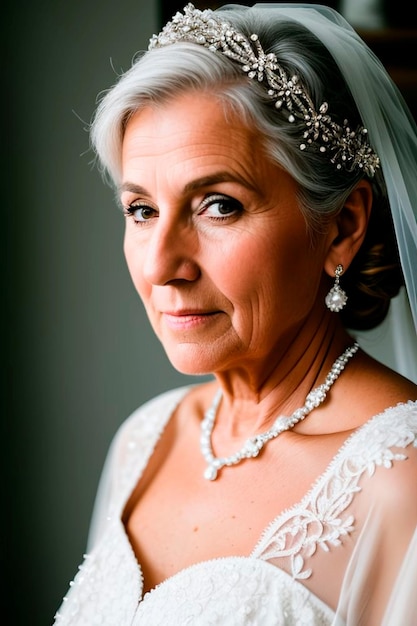 A woman with silver hair and a veil