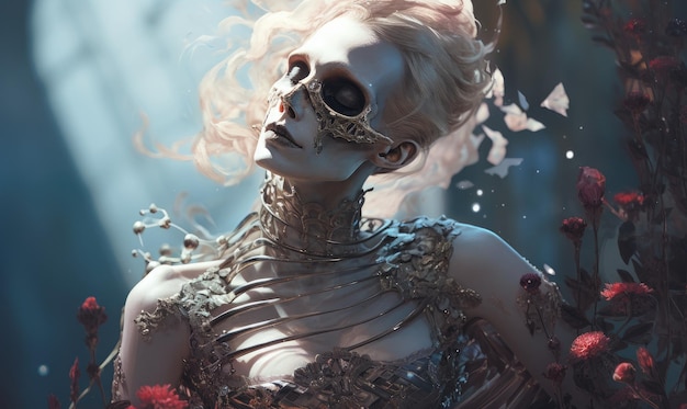 A woman with a skeleton body and blood on her face