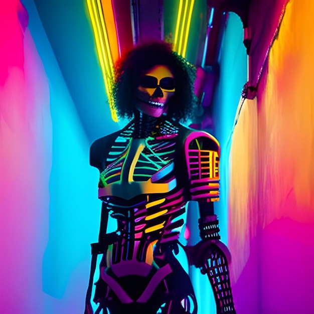 A woman with a skeleton wearing a skeleton outfit with the word skeleton on it.
