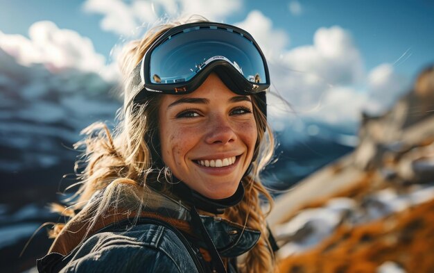 스키 안경 과 스키 헬 을 입은 여자 가 눈 인 산 에서