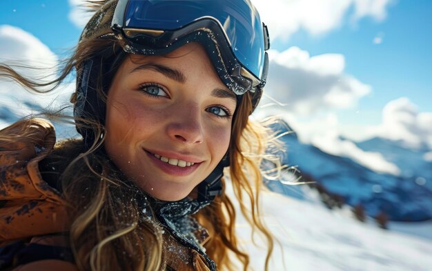 Woman with Ski goggles and Ski helmet on the snow mountain