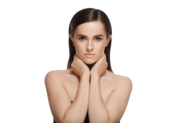 Woman with skin healthy soft and beauty is touching her face. skincare concept
