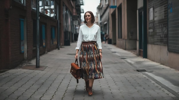 Woman with a skirt walking with her bag during daytime