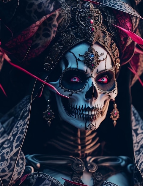 A woman with a skull face and purple eyes stands in front of a dark background.