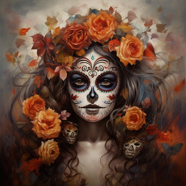 A woman with a skull and flowers on her face is covered in flowers.