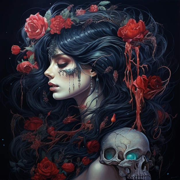 머리에 해골과 꽃을 꽂은 여자가 빨간 장미로 뒤덮여 있습니다.