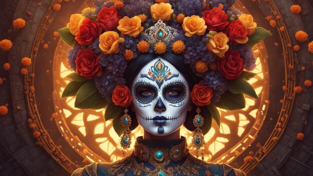 Photo a woman with a skull and flowers on her head