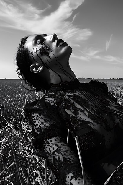 a woman with a skull on her face is shown in a black and white photo