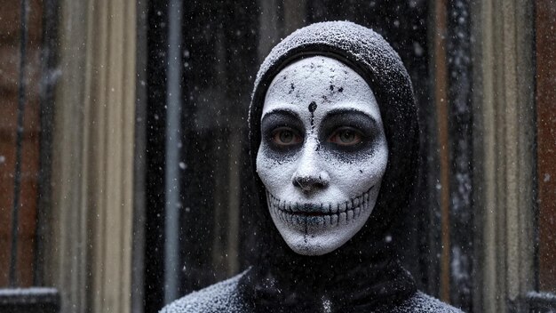 Photo a woman with a skull on her head is covered in snow