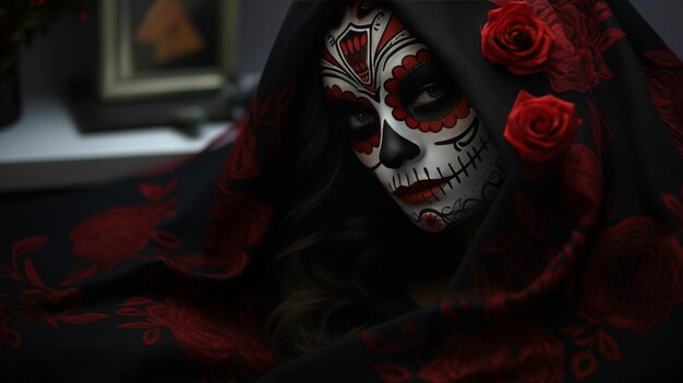 Photo woman with skull makeup and red roses on her head