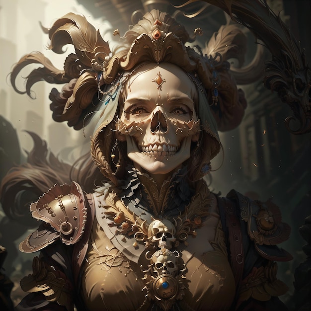 A woman with a skull and a necklace is standing in front of a building.