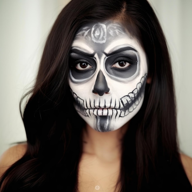 a woman with a skull painted on her face and the word " e " on her face.