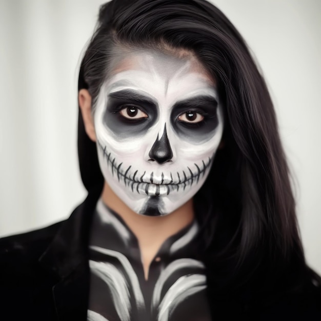 a woman with a skull and a skull painted on her face.