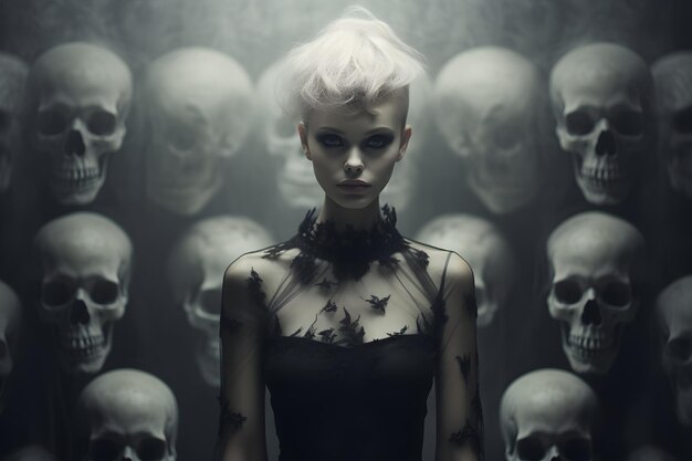 Woman with skulls on the background