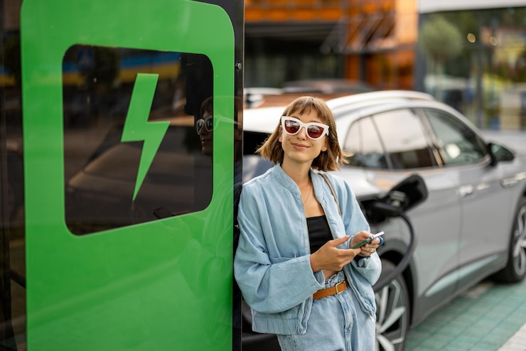 Photo スマートフォンを持ち、電気自動車の充電を待つ女性