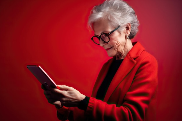 Photo woman with smartphone portrait on red background
