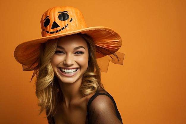 Foto una donna con un'espressione sorridente che indossa un cappello a una festa di halloween