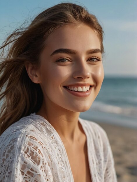 a woman with a smile on her face on the beach