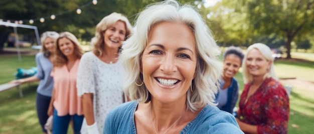a woman with a smile on her face is smiling and a group of women in the background