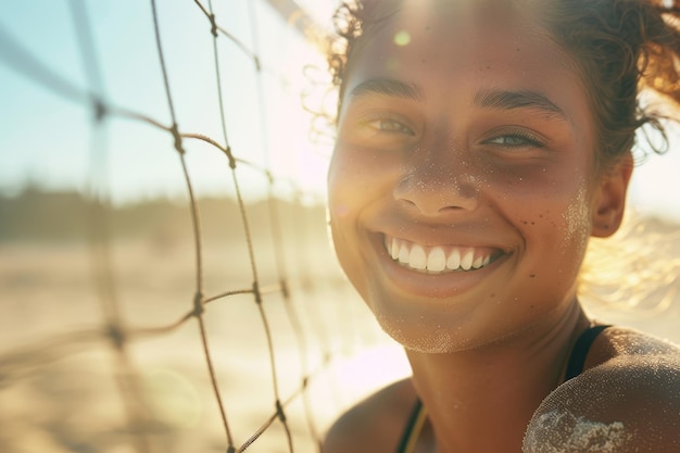 A woman with a smile on her face is standing in front of a volleyball net