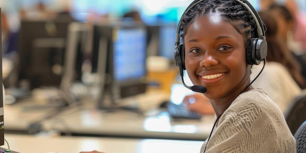 A woman with a smile on her face is wearing a headset while sitting in front of a computer likely in a customer service setting