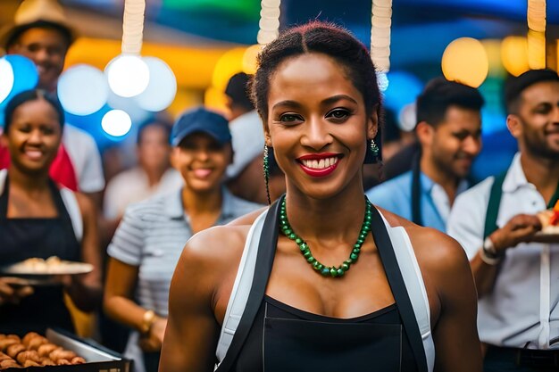 A woman with a smile on her face stands in front of a crowd of people