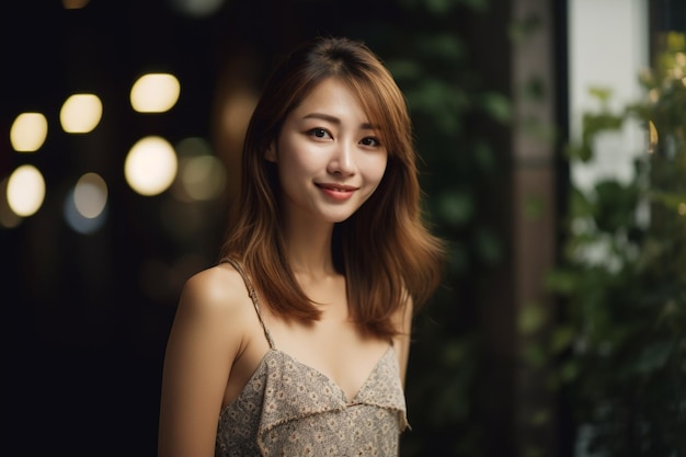 A woman with a smile on her face stands in front of a window.