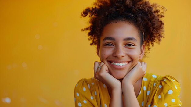 A woman with a smile on her face and a yellow background with white dots on it with her hands on