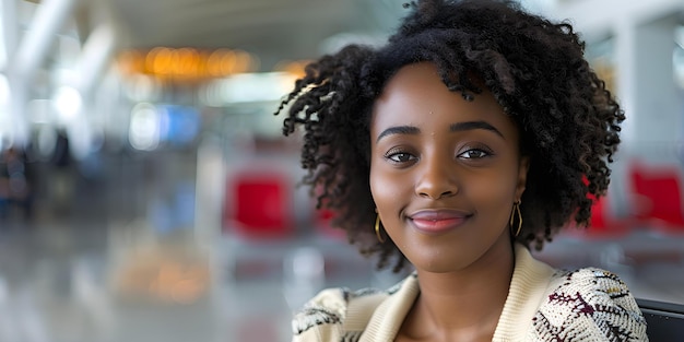 Woman with a smile seated at airport gate anticipating her flight Concept Travel Airport Smiling Anticipation Woman