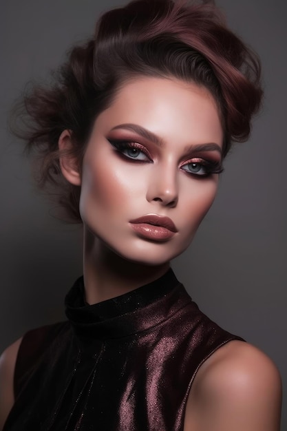 A woman with a smoky eye and a dark red dress