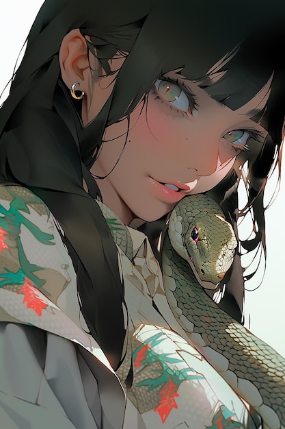 A woman with a snake on her shoulder