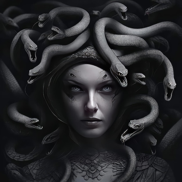 A woman with snakes on her head is shown with a black background.