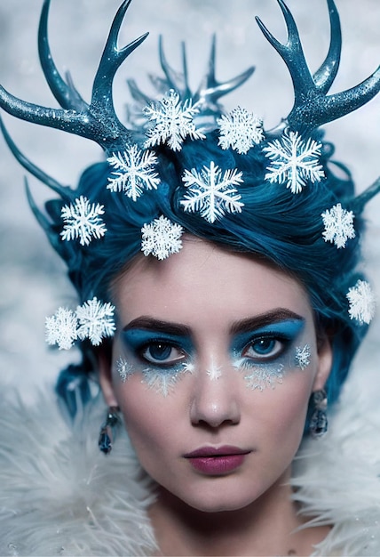 A woman with a snowflake on her head