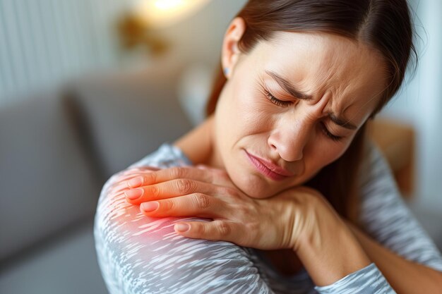 Foto donna con un dolore che le tiene la spalla nel dolore generativo ai