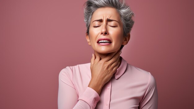 Woman with sore thrroat touch her neck with hands on purple background