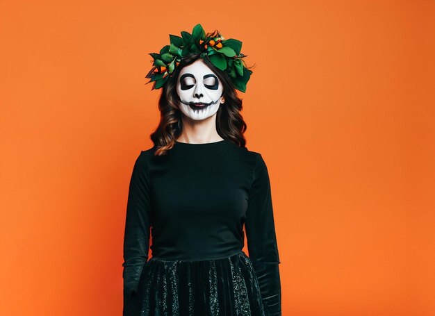 Woman with spooky halloween makeup wearing black costume and wreath standing with closed eyes