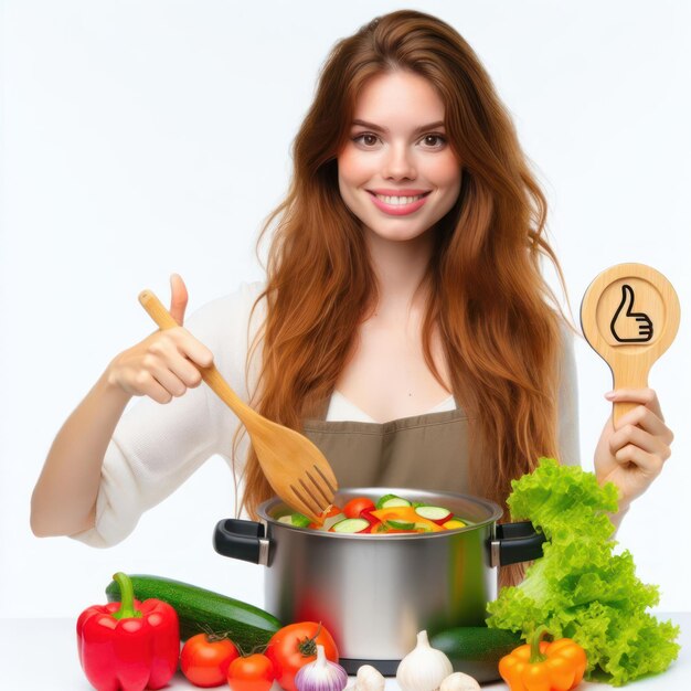 a woman with a spoon and a pot of vegetables