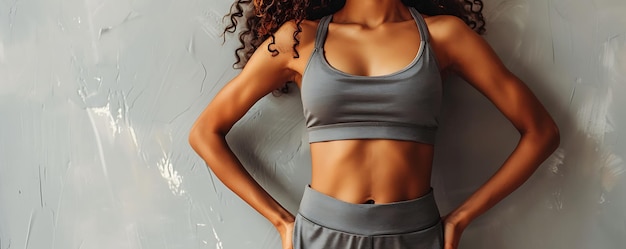 Photo a woman with a sports bra on her back stands in front of a gray background